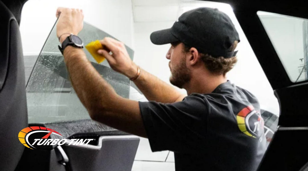 Turbo Tint technician installing automotive window tint on a vehicle window for improved comfort, glare reduction, and UV protection.