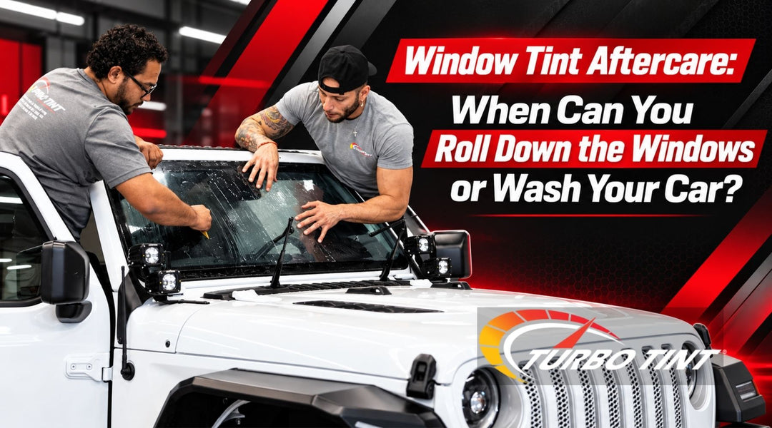 Turbo Tint technicians installing automotive window film on a white Jeep, featuring a window tint aftercare guide on when to roll down windows or wash your car.