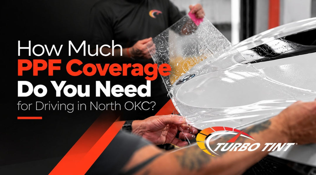 Turbo Tint technicians applying paint protection film to a white vehicle for PPF coverage in North OKC.